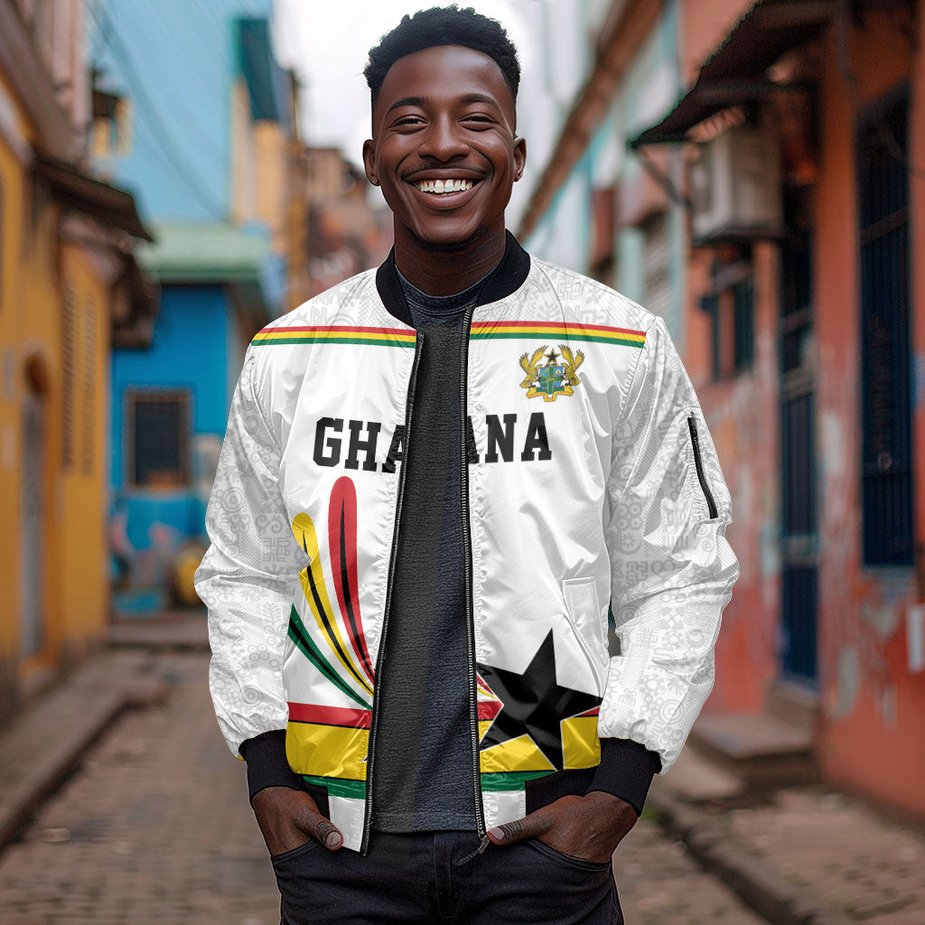 Custom World Football 2026 Ghana Sleeve Zip Bomber Jacket Black Star Adinkra Heritage White Version