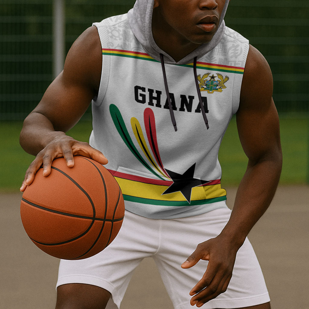 Custom World Football 2026 Ghana Sleeveless Hoodie Black Star Adinkra Heritage White Version