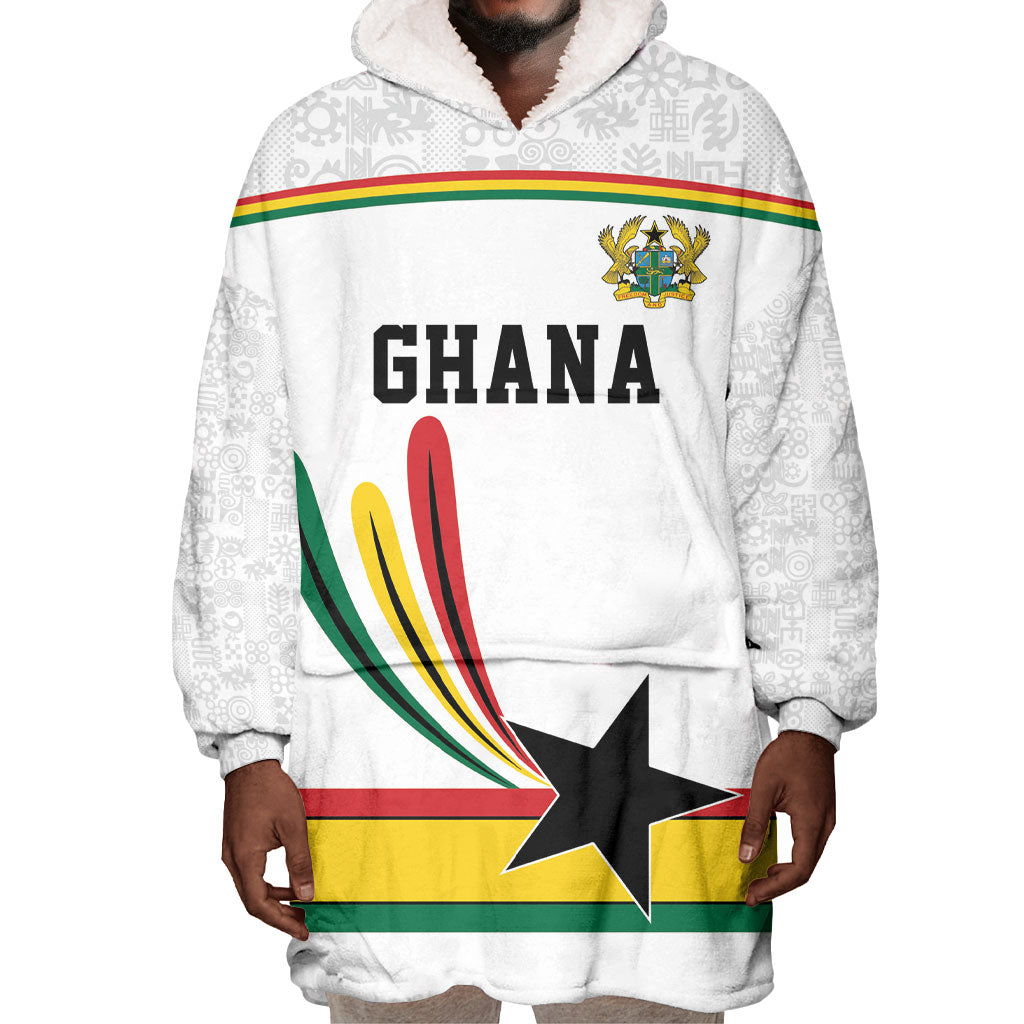 Custom World Football 2026 Ghana Wearable Blanket Hoodie Black Star Adinkra Heritage White Version