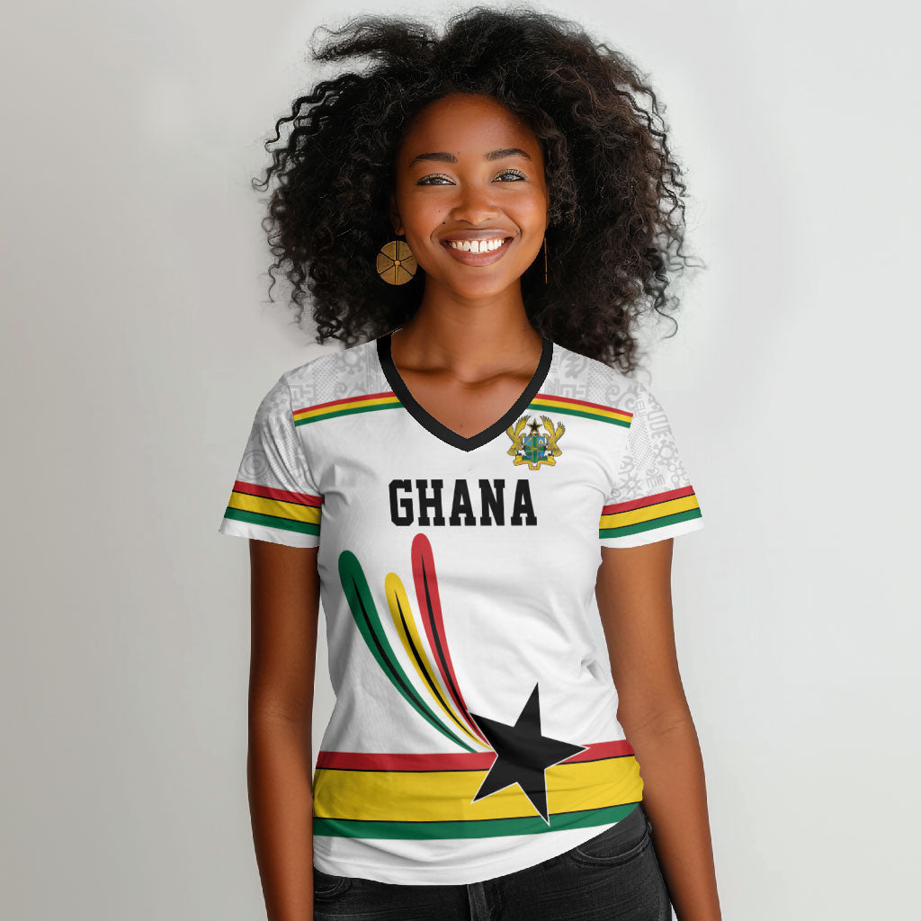 Custom World Football 2026 Ghana Women V-Neck T-Shirt Black Star Adinkra Heritage White Version
