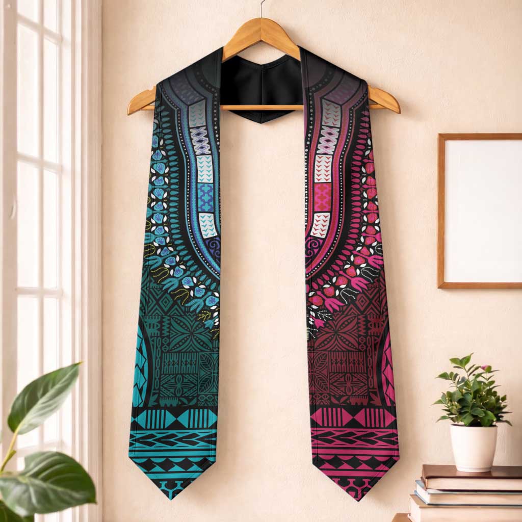 Teal-pink Dashiki and Tapa Pattern Graduation Stole Africa-Polynesia Together Culture