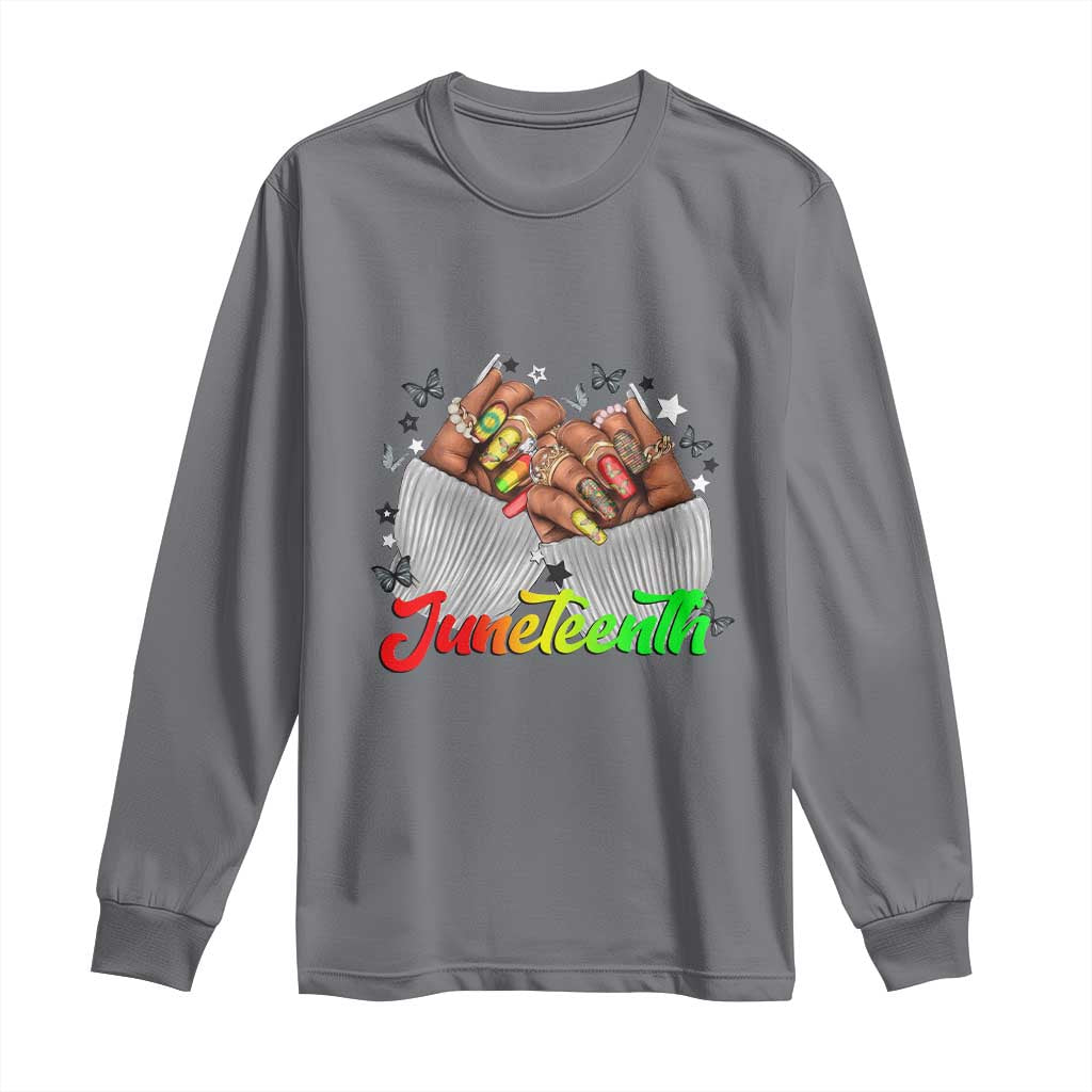 Juneteenth Celebration Long Sleeve Shirt Since 1865 Women Nails Butterflies
