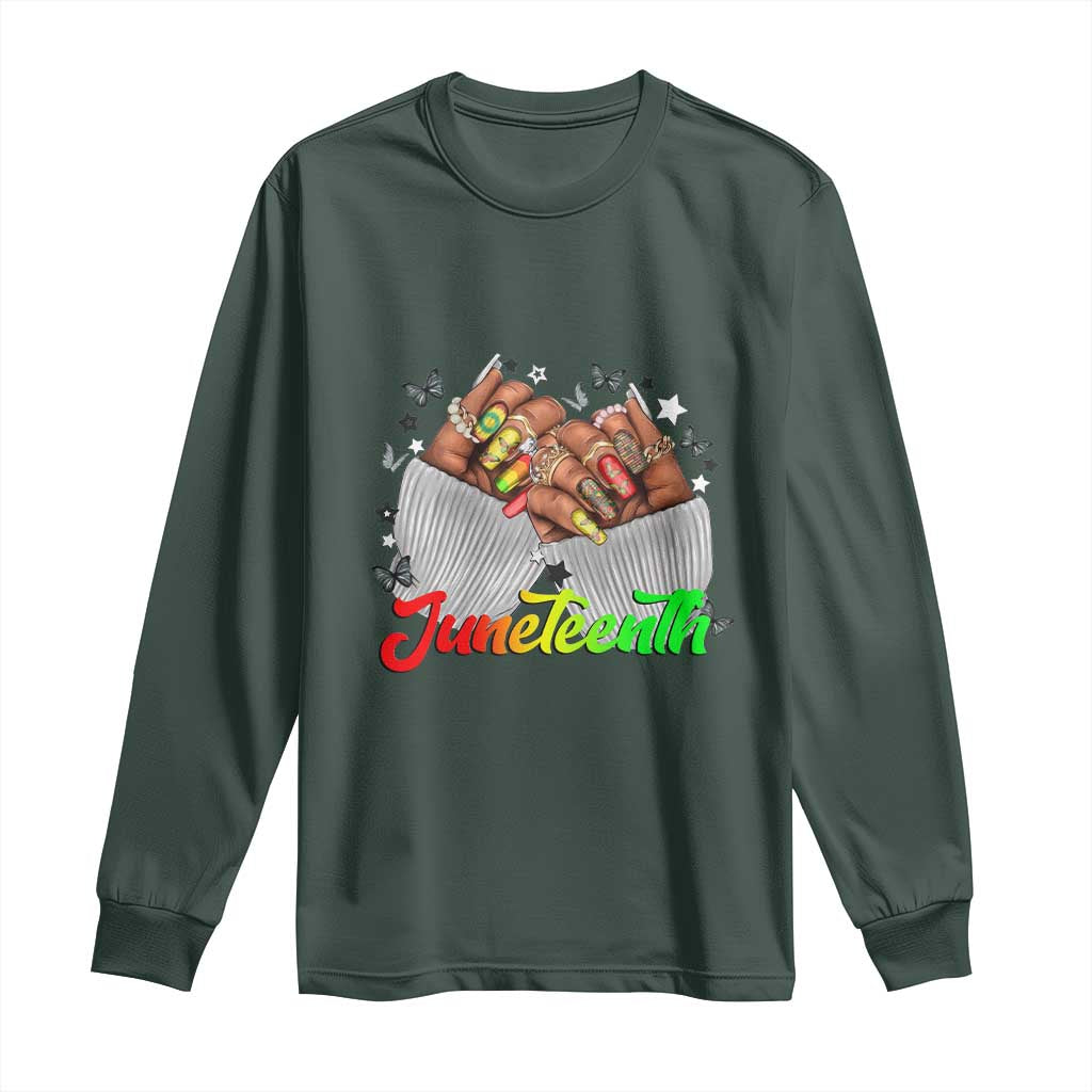 Juneteenth Celebration Long Sleeve Shirt Since 1865 Women Nails Butterflies