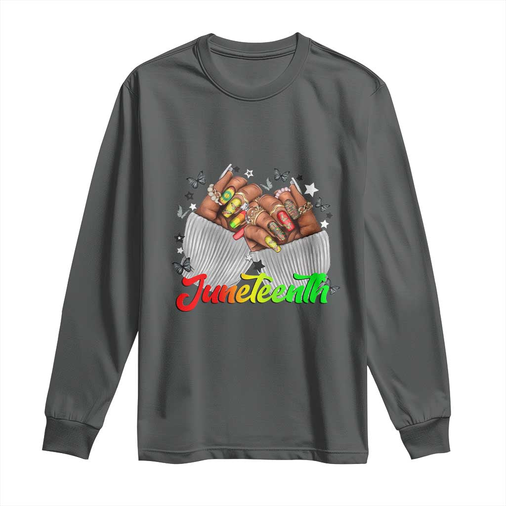 Juneteenth Celebration Long Sleeve Shirt Since 1865 Women Nails Butterflies