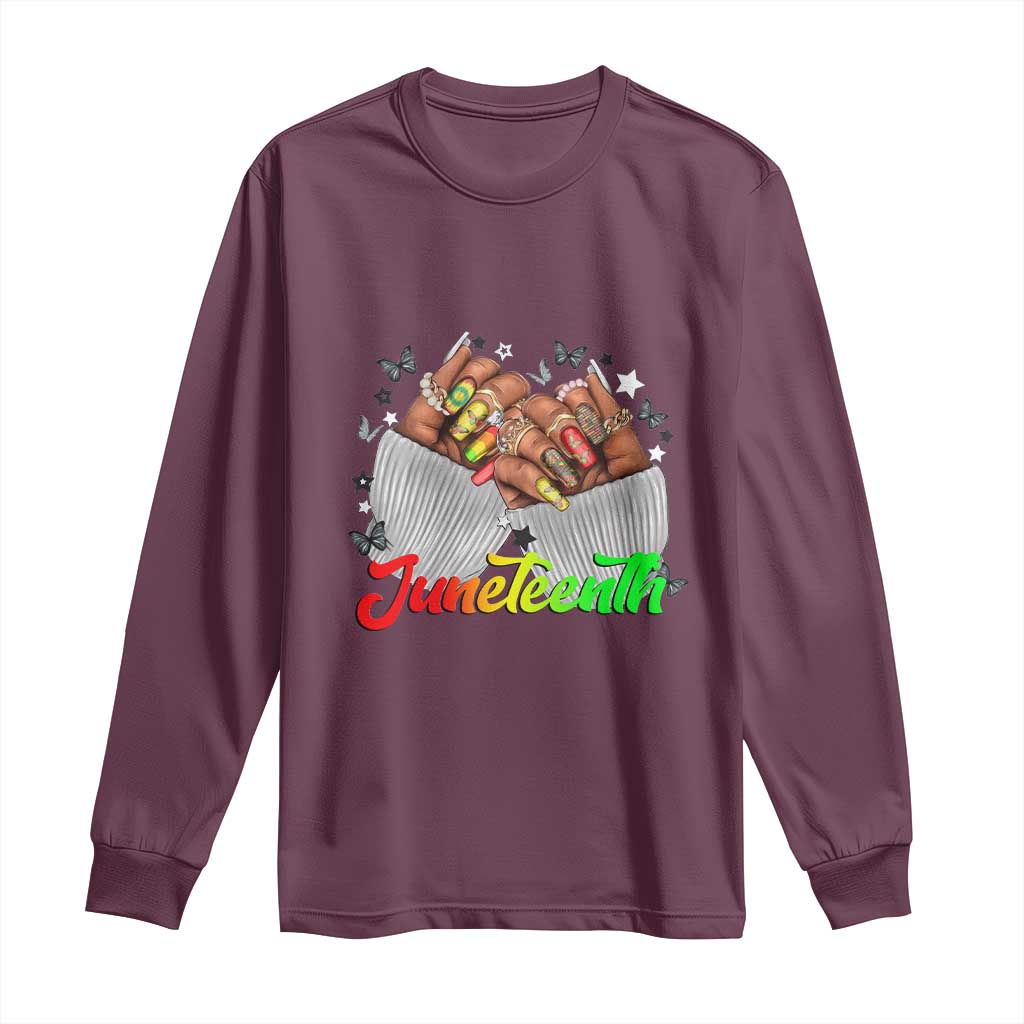 Juneteenth Celebration Long Sleeve Shirt Since 1865 Women Nails Butterflies