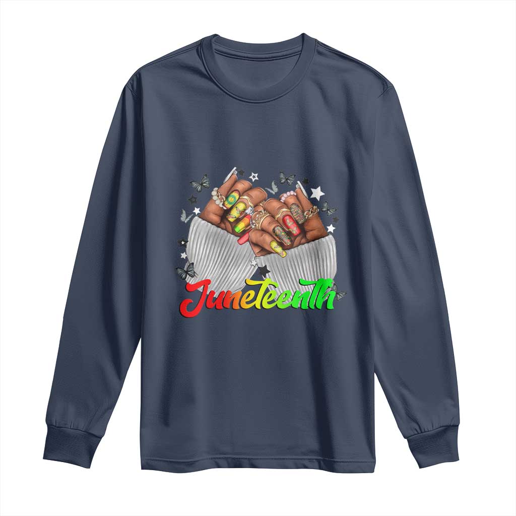 Juneteenth Celebration Long Sleeve Shirt Since 1865 Women Nails Butterflies