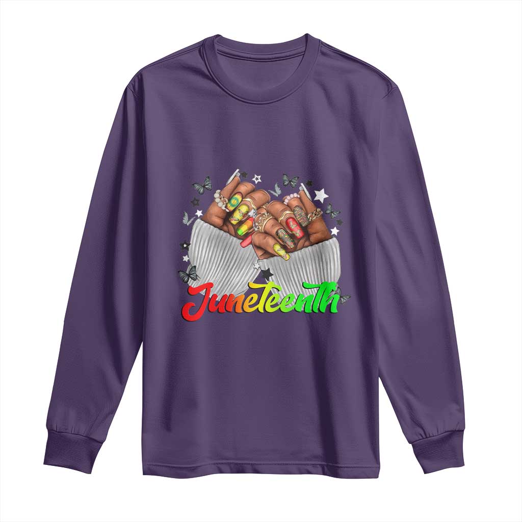 Juneteenth Celebration Long Sleeve Shirt Since 1865 Women Nails Butterflies