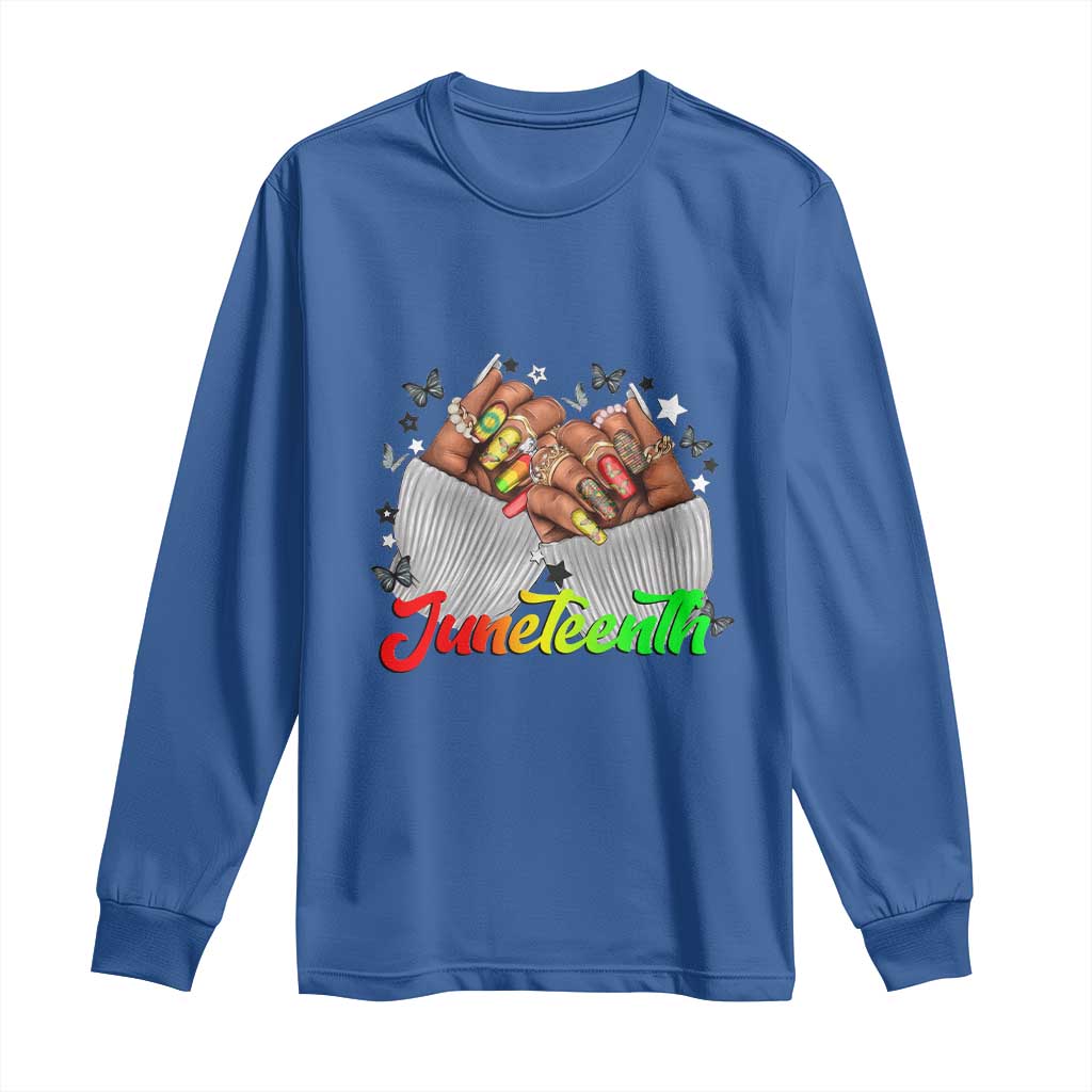 Juneteenth Celebration Long Sleeve Shirt Since 1865 Women Nails Butterflies