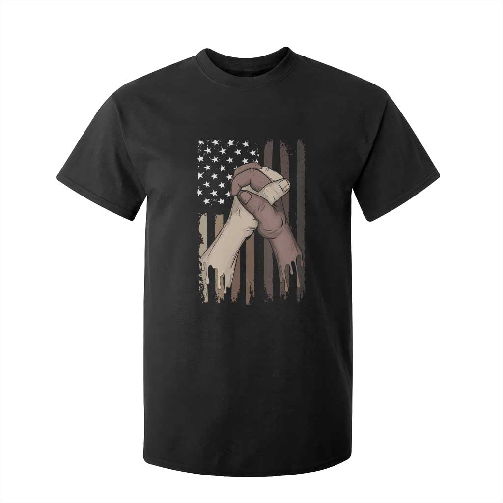 Black American T Shirt For Kid US Flag Holding Hands