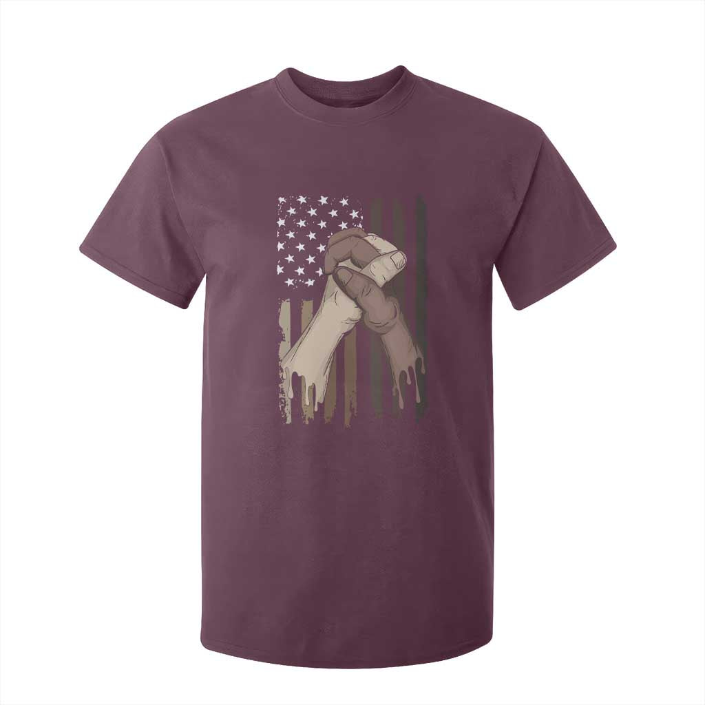 Black American T Shirt For Kid US Flag Holding Hands