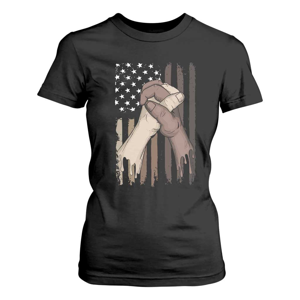 Black American T Shirt For Women US Flag Holding Hands