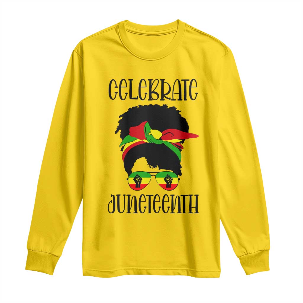 Black Women Long Sleeve Shirt Celebrate Juneteenth Messy Bun