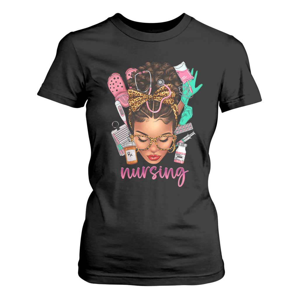 African American Nurse T Shirt For Women Nursing Black Messy Bun