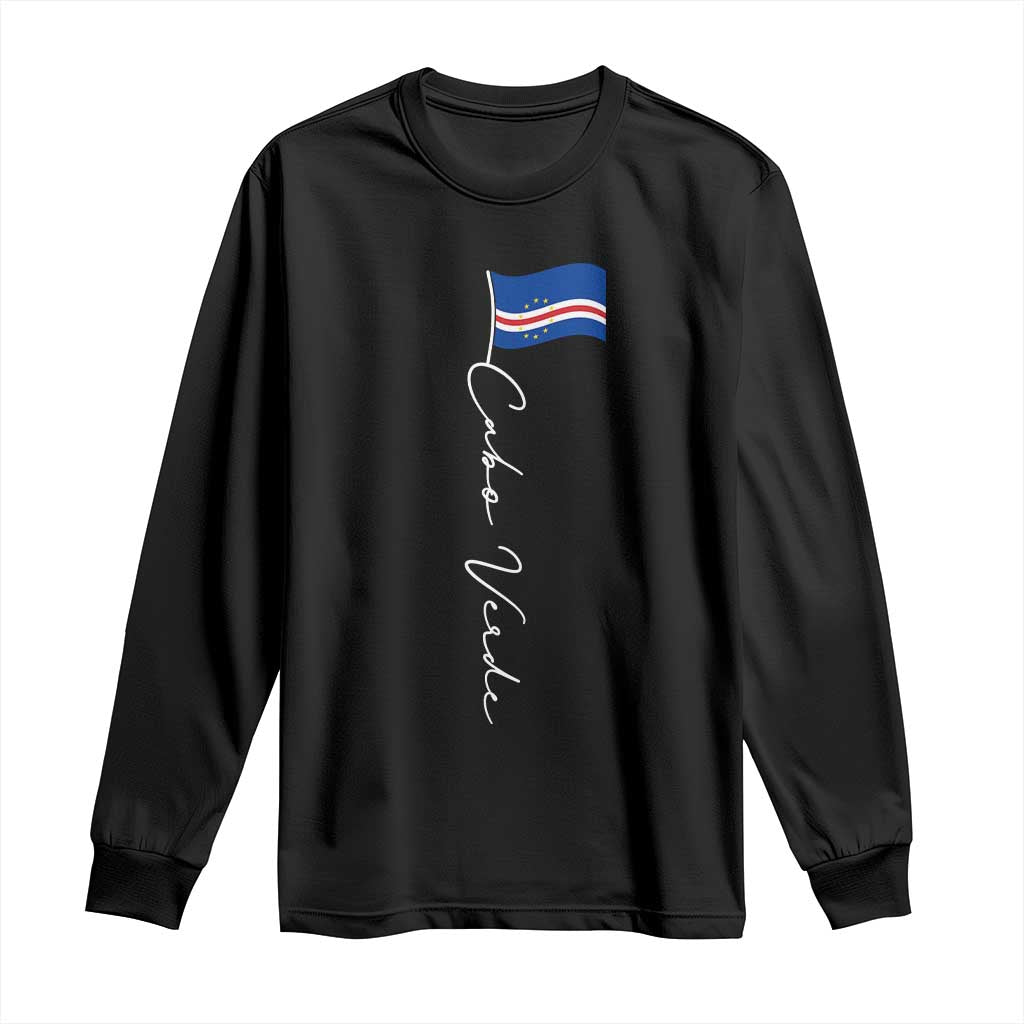Cabo Verde Elegant Script Flag Graphic Long Sleeve Shirt Cape Verde Minimalist Cursive National Pride Gift