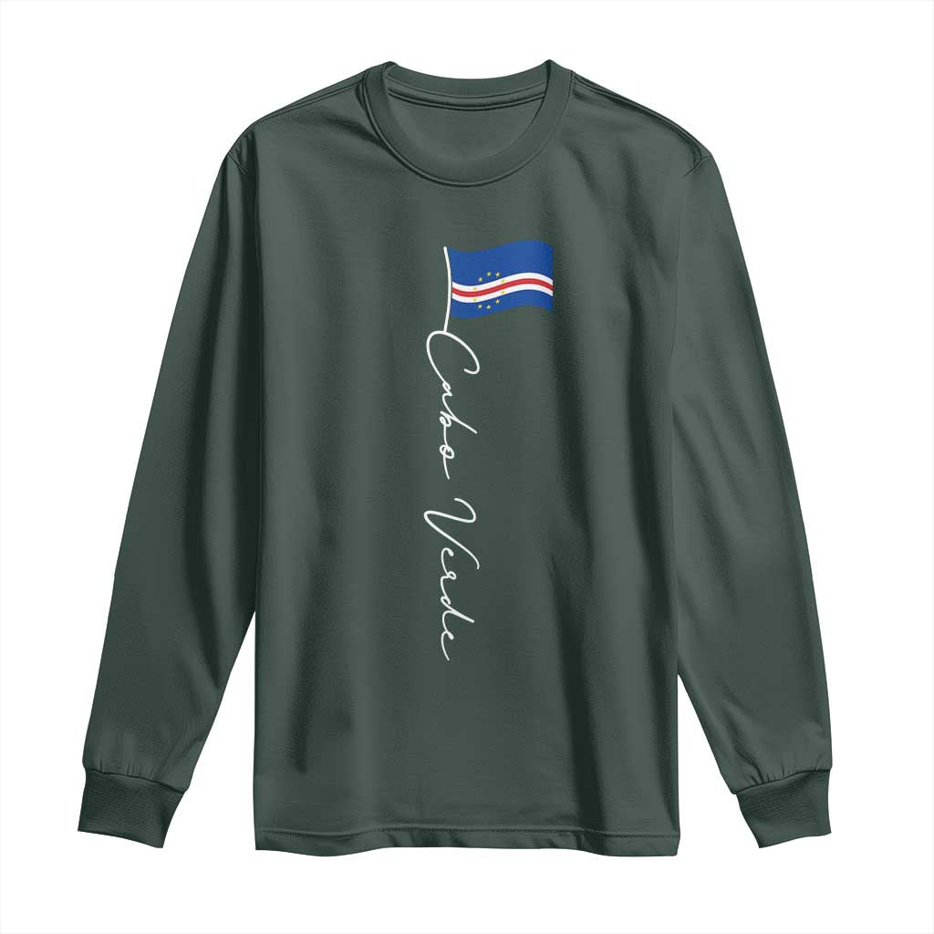 Cabo Verde Elegant Script Flag Graphic Long Sleeve Shirt Cape Verde Minimalist Cursive National Pride Gift