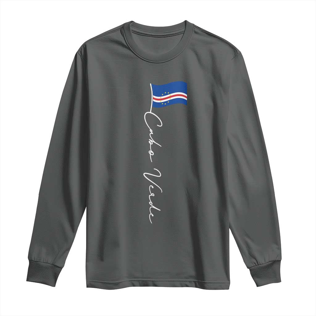Cabo Verde Elegant Script Flag Graphic Long Sleeve Shirt Cape Verde Minimalist Cursive National Pride Gift