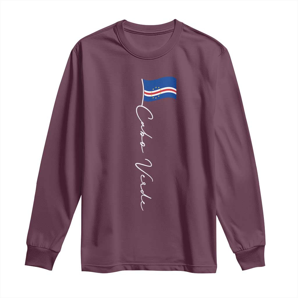 Cabo Verde Elegant Script Flag Graphic Long Sleeve Shirt Cape Verde Minimalist Cursive National Pride Gift
