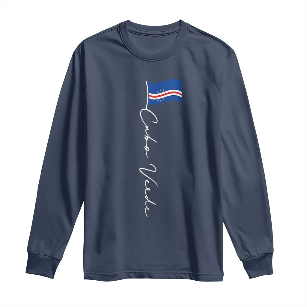 Cabo Verde Elegant Script Flag Graphic Long Sleeve Shirt Cape Verde Minimalist Cursive National Pride Gift