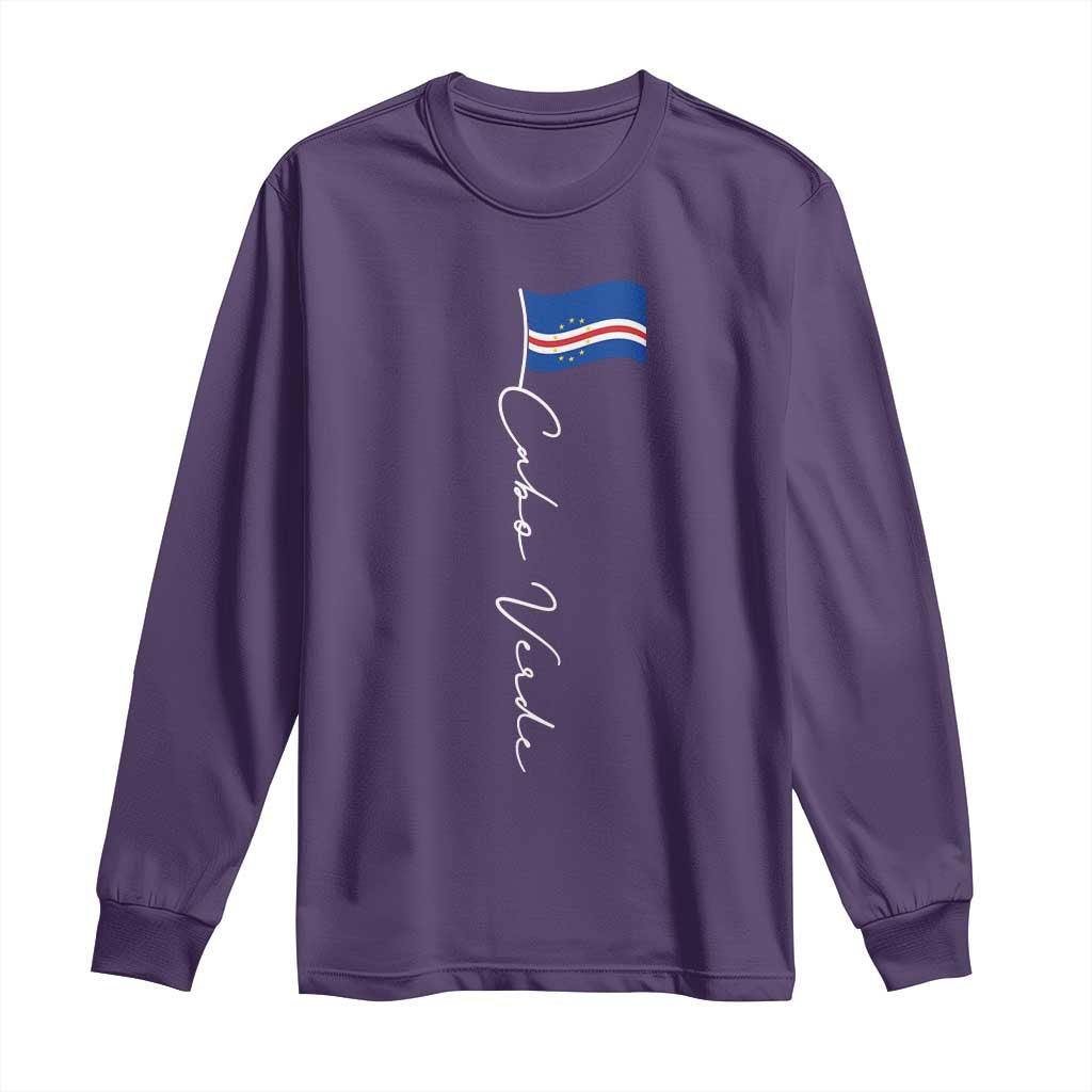 Cabo Verde Elegant Script Flag Graphic Long Sleeve Shirt Cape Verde Minimalist Cursive National Pride Gift