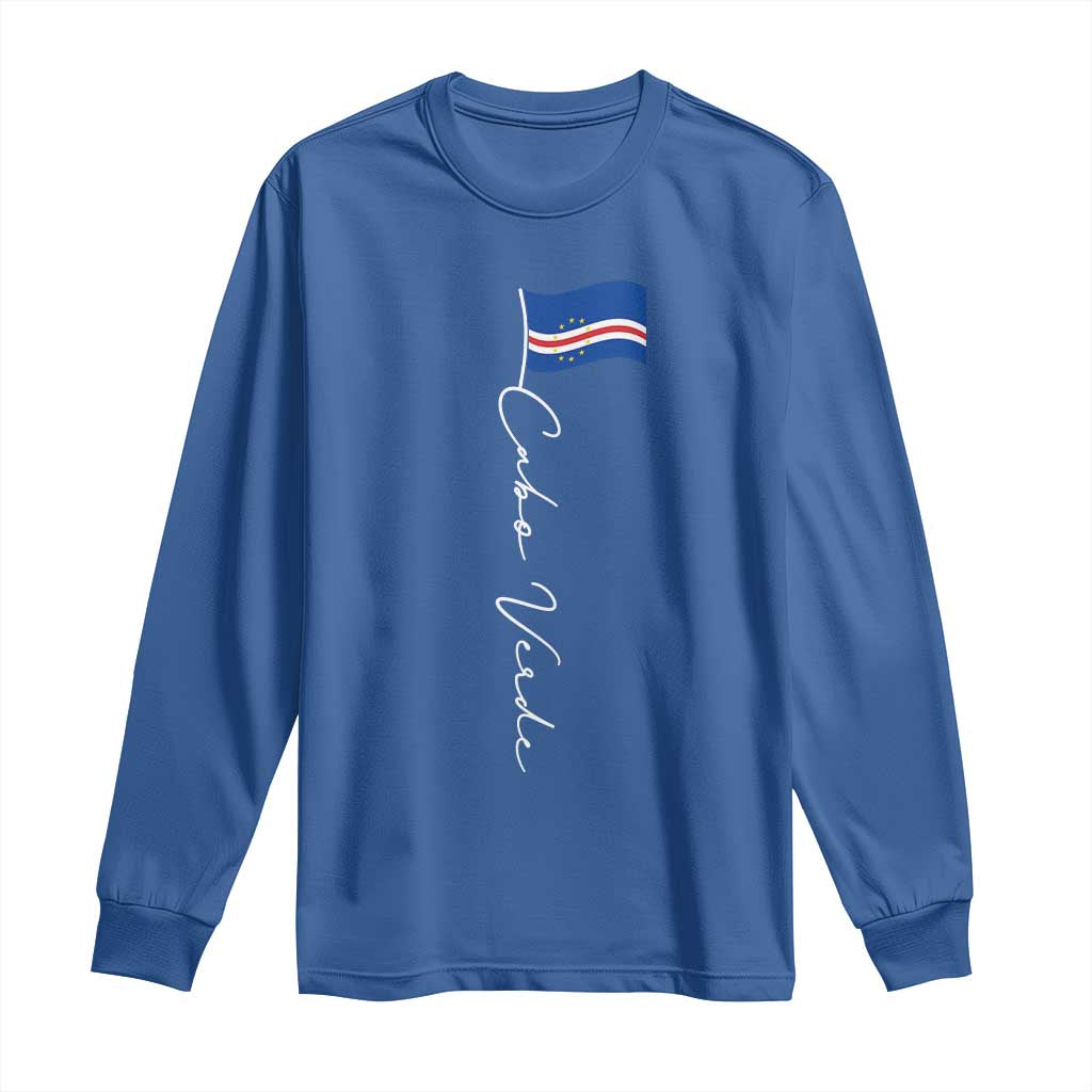 Cabo Verde Elegant Script Flag Graphic Long Sleeve Shirt Cape Verde Minimalist Cursive National Pride Gift