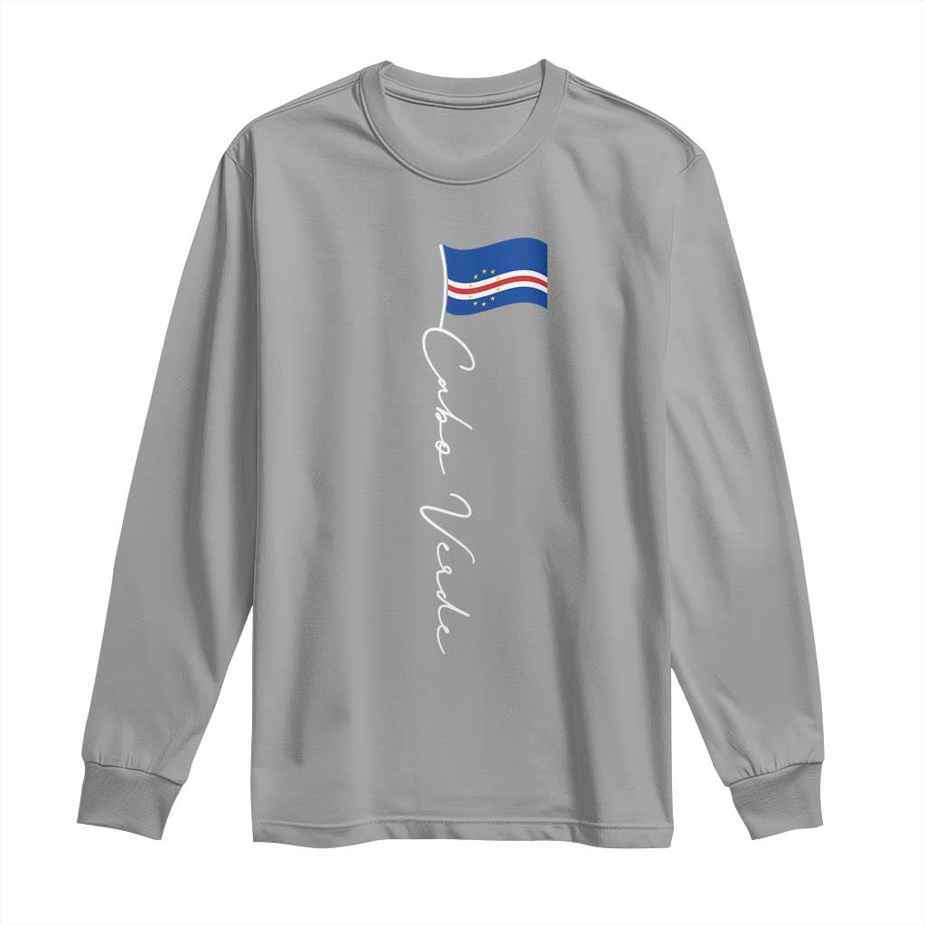 Cabo Verde Elegant Script Flag Graphic Long Sleeve Shirt Cape Verde Minimalist Cursive National Pride Gift