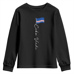Cabo Verde Elegant Script Flag Graphic Youth Sweatshirt Cape Verde Minimalist Cursive National Pride Gift