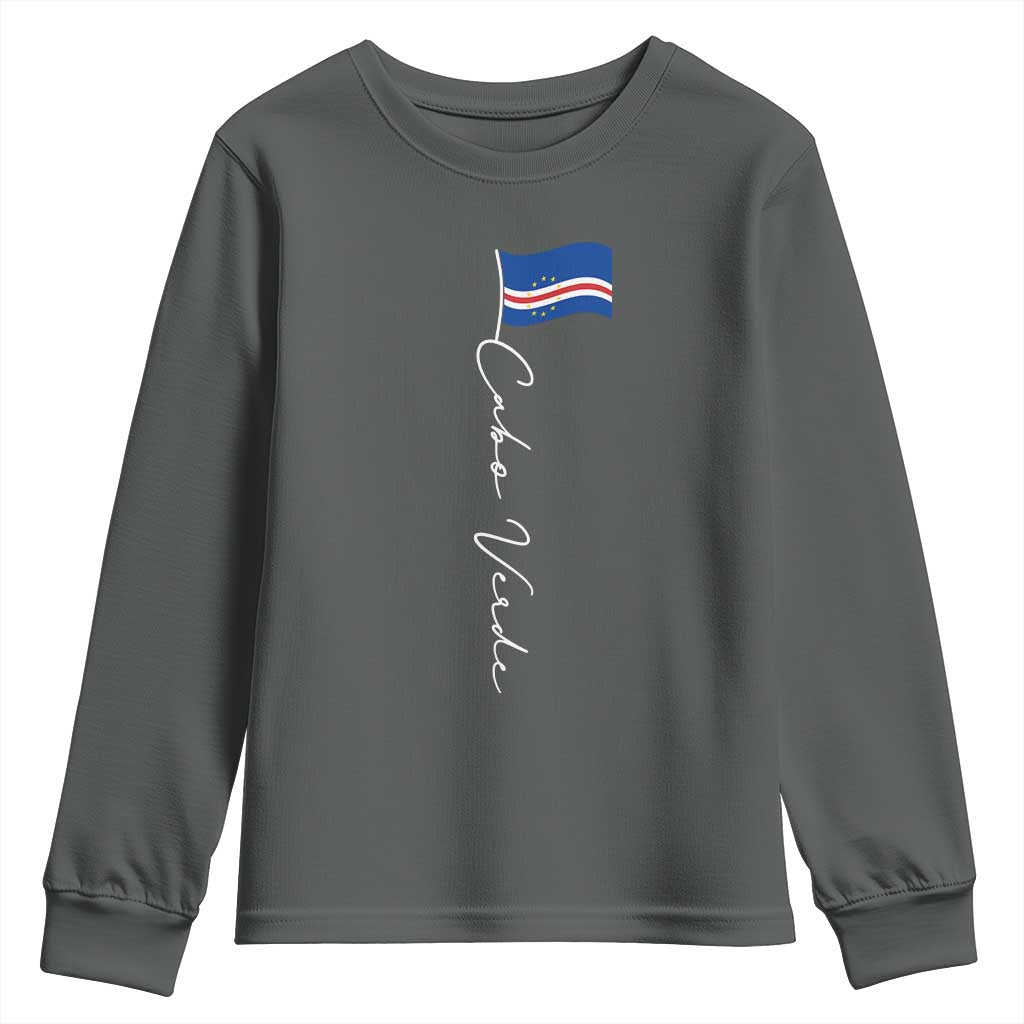 Cabo Verde Elegant Script Flag Graphic Youth Sweatshirt Cape Verde Minimalist Cursive National Pride Gift