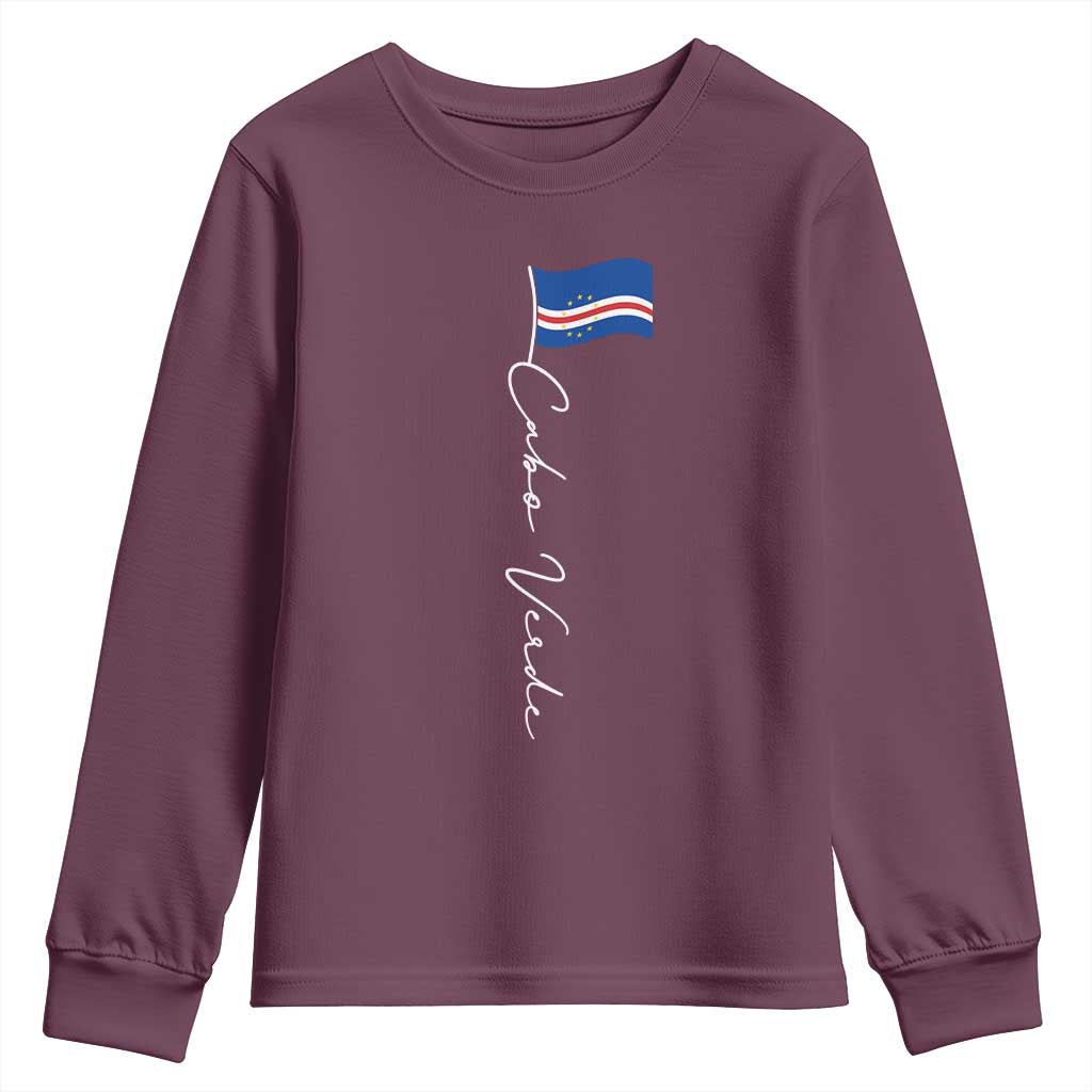 Cabo Verde Elegant Script Flag Graphic Youth Sweatshirt Cape Verde Minimalist Cursive National Pride Gift