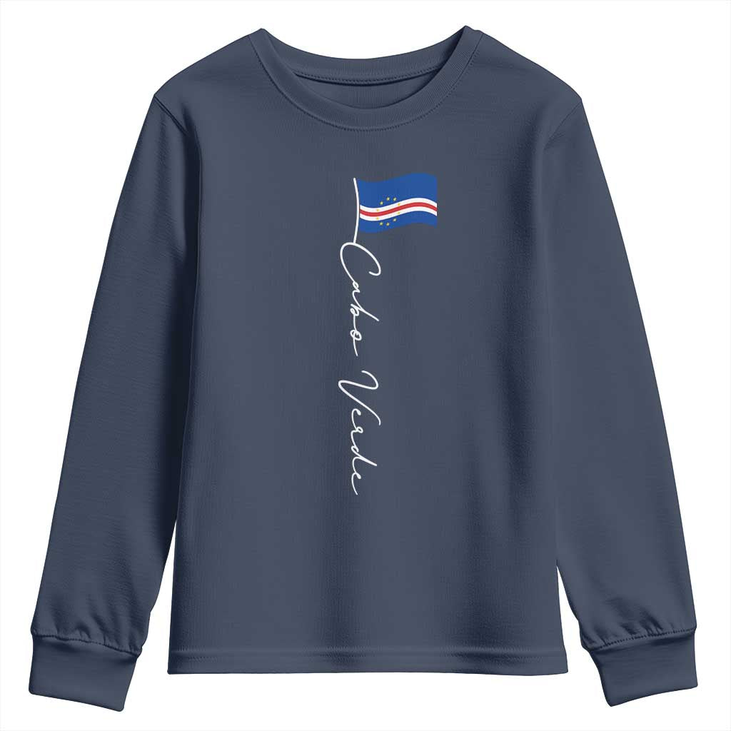 Cabo Verde Elegant Script Flag Graphic Youth Sweatshirt Cape Verde Minimalist Cursive National Pride Gift