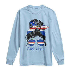 Cape Verde Messy Bun Girl Flag Sunglasses Graphic Long Sleeve Shirt Cabo Verde Women National Pride Gift