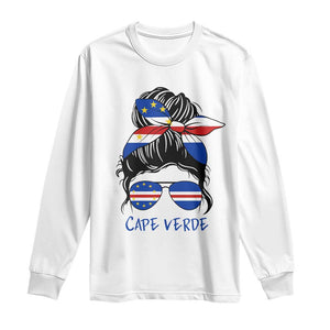 Cape Verde Messy Bun Girl Flag Sunglasses Graphic Long Sleeve Shirt Cabo Verde Women National Pride Gift