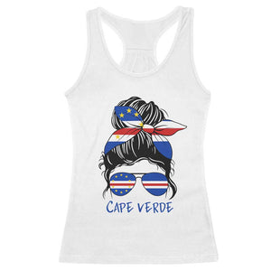 Cape Verde Messy Bun Girl Flag Sunglasses Graphic Racerback Tank Top Cabo Verde Women National Pride Gift