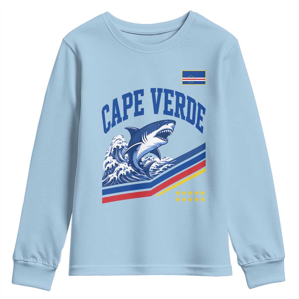 Cape Verde Blue Sharks Ocean Wave Graphic Youth Sweatshirt Cabo Verde Pride Sports Fans