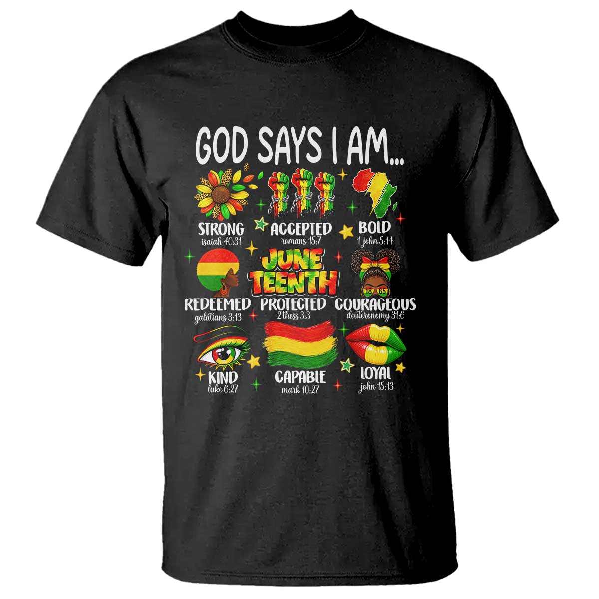 God Says I Am Juneteenth Christian T Shirt Pan-African Afrocentric Faith Bible Verses Freedom Day