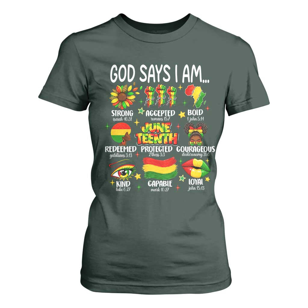 God Says I Am Juneteenth Christian T Shirt For Women Pan-African Afrocentric Faith Bible Verses Freedom Day