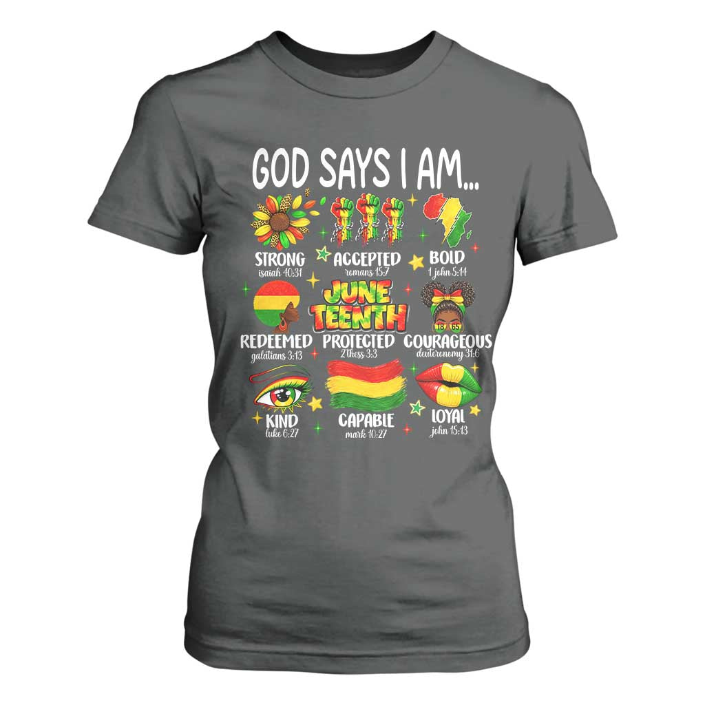 God Says I Am Juneteenth Christian T Shirt For Women Pan-African Afrocentric Faith Bible Verses Freedom Day