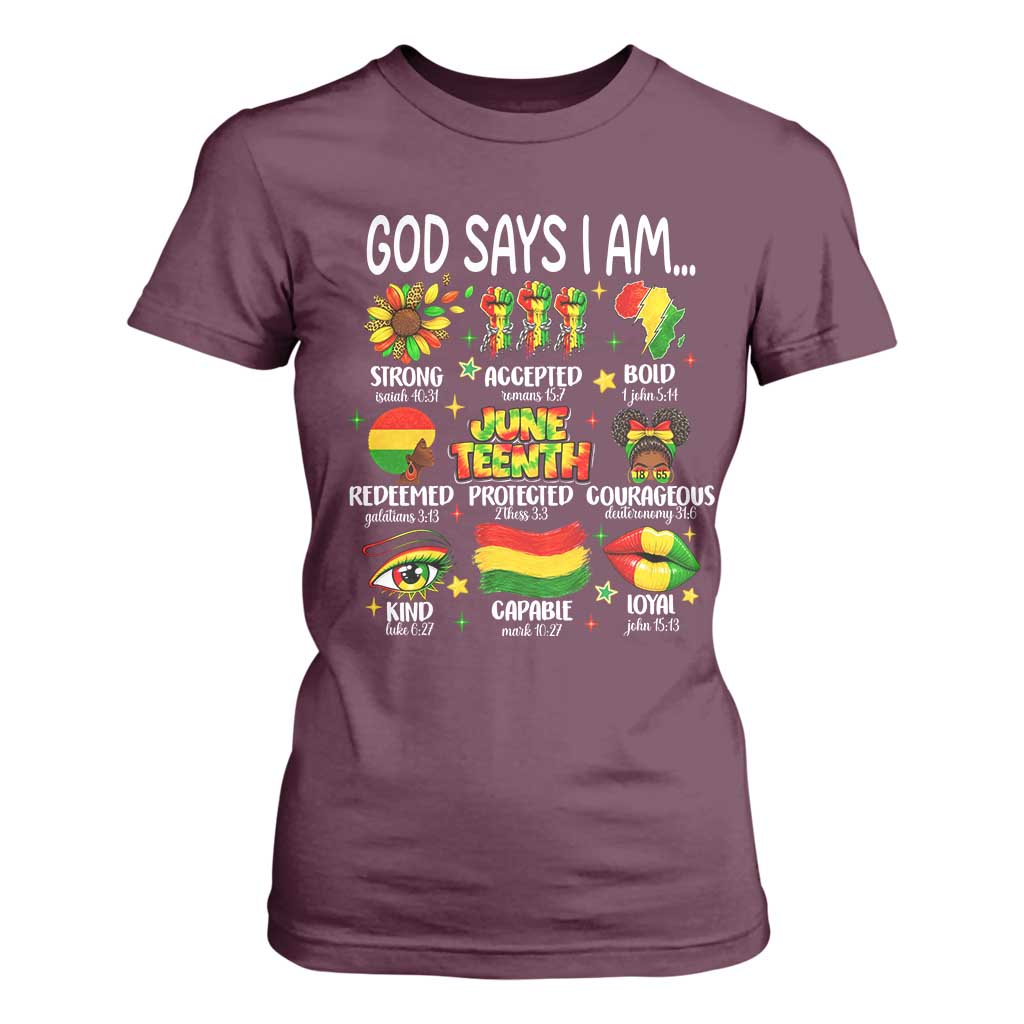 God Says I Am Juneteenth Christian T Shirt For Women Pan-African Afrocentric Faith Bible Verses Freedom Day