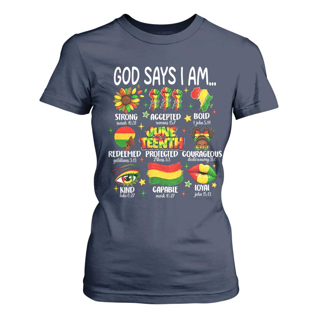 God Says I Am Juneteenth Christian T Shirt For Women Pan-African Afrocentric Faith Bible Verses Freedom Day