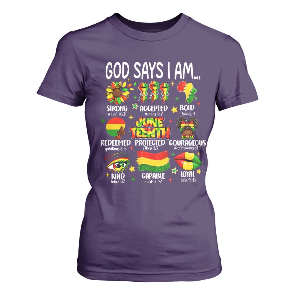 God Says I Am Juneteenth Christian T Shirt For Women Pan-African Afrocentric Faith Bible Verses Freedom Day
