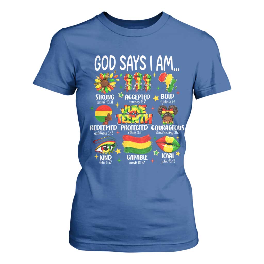 God Says I Am Juneteenth Christian T Shirt For Women Pan-African Afrocentric Faith Bible Verses Freedom Day