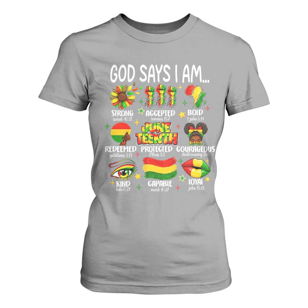 God Says I Am Juneteenth Christian T Shirt For Women Pan-African Afrocentric Faith Bible Verses Freedom Day
