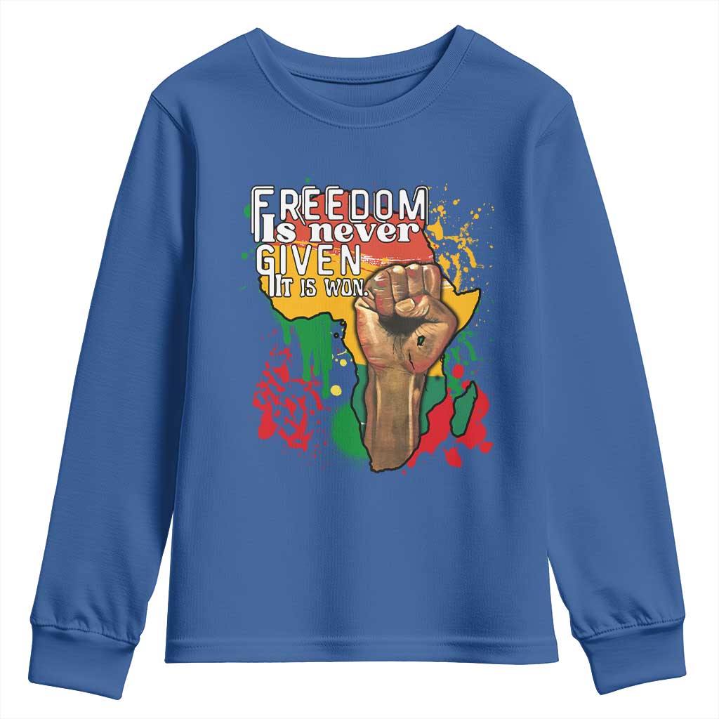 Black History Month Youth Long Sleeve Shirt Freedom Is Never Given It Is Won Equal Rights Raised Fist