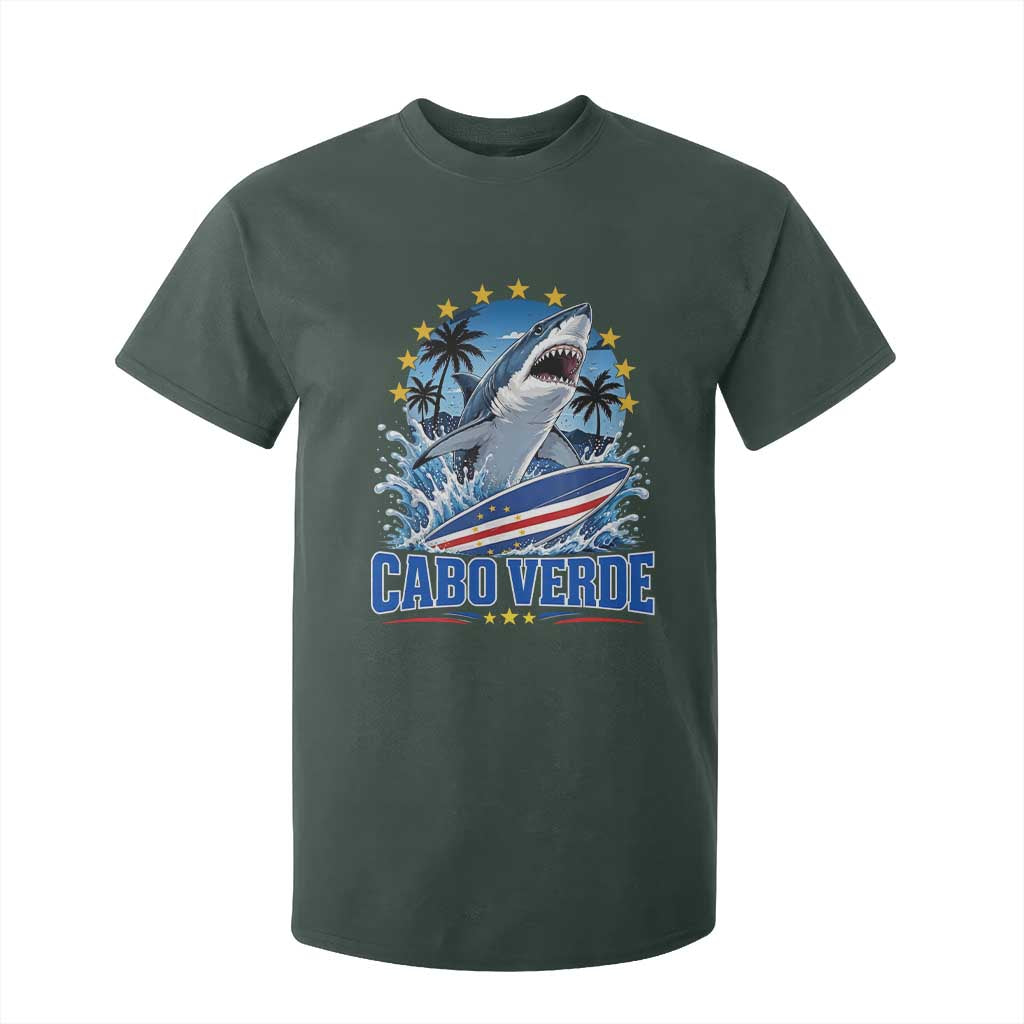 Cabo Verde Surfing Blue Shark Surfboard T Shirt For Kid Cape Verde Flag Tropical Ocean Wave