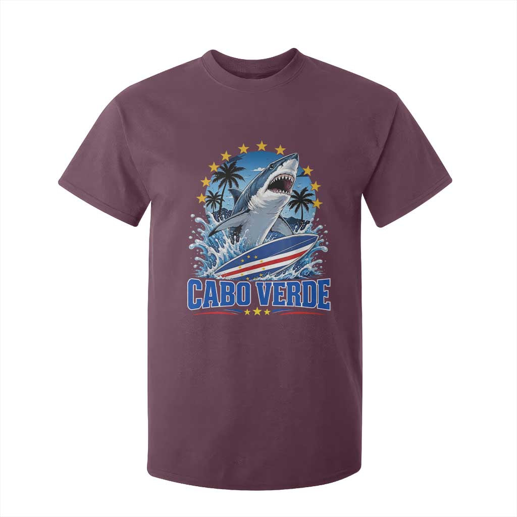 Cabo Verde Surfing Blue Shark Surfboard T Shirt For Kid Cape Verde Flag Tropical Ocean Wave