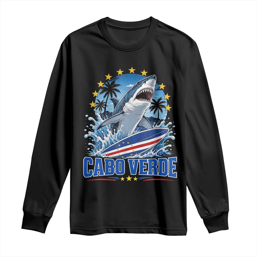 Cabo Verde Surfing Blue Shark Surfboard Long Sleeve Shirt Cape Verde Flag Tropical Ocean Wave