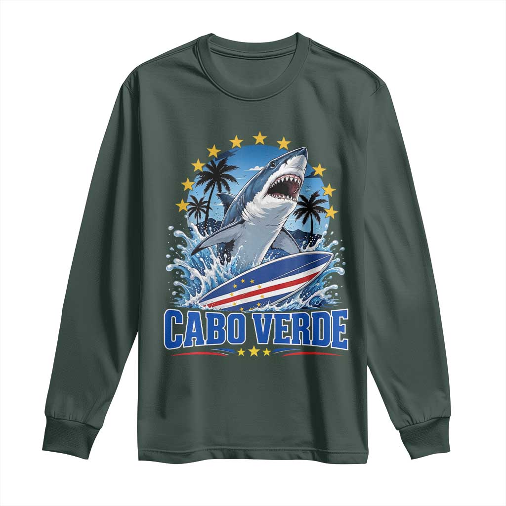 Cabo Verde Surfing Blue Shark Surfboard Long Sleeve Shirt Cape Verde Flag Tropical Ocean Wave
