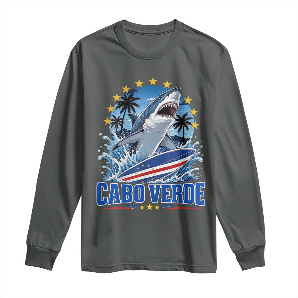 Cabo Verde Surfing Blue Shark Surfboard Long Sleeve Shirt Cape Verde Flag Tropical Ocean Wave