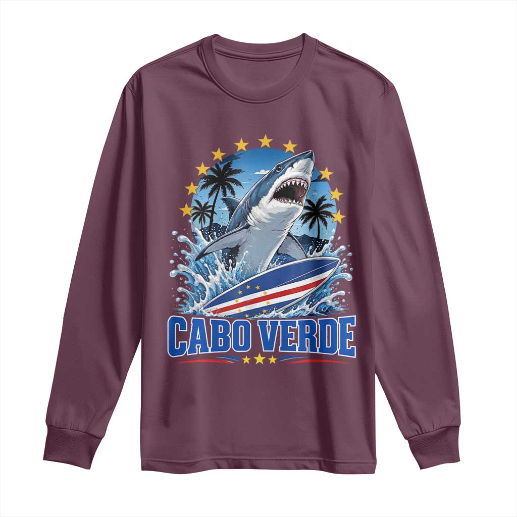 Cabo Verde Surfing Blue Shark Surfboard Long Sleeve Shirt Cape Verde Flag Tropical Ocean Wave