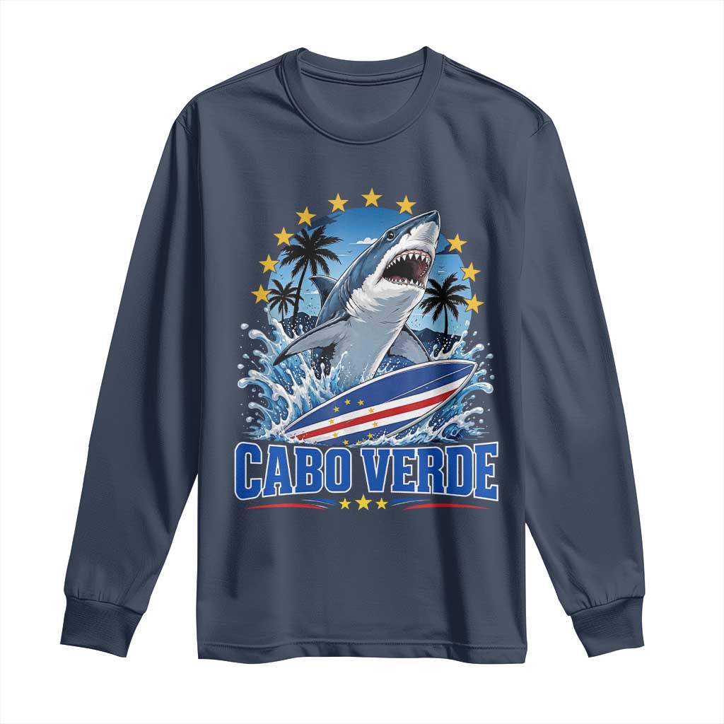 Cabo Verde Surfing Blue Shark Surfboard Long Sleeve Shirt Cape Verde Flag Tropical Ocean Wave