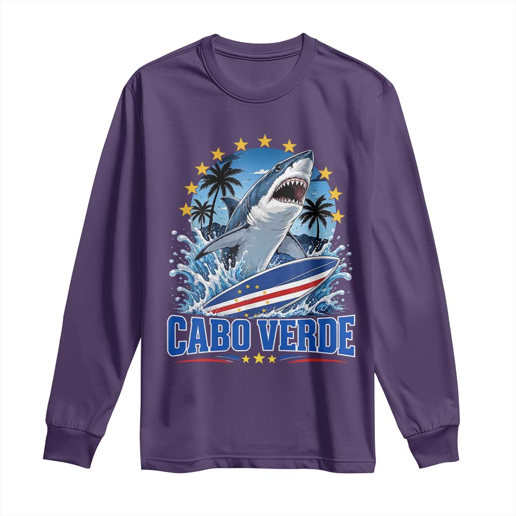 Cabo Verde Surfing Blue Shark Surfboard Long Sleeve Shirt Cape Verde Flag Tropical Ocean Wave